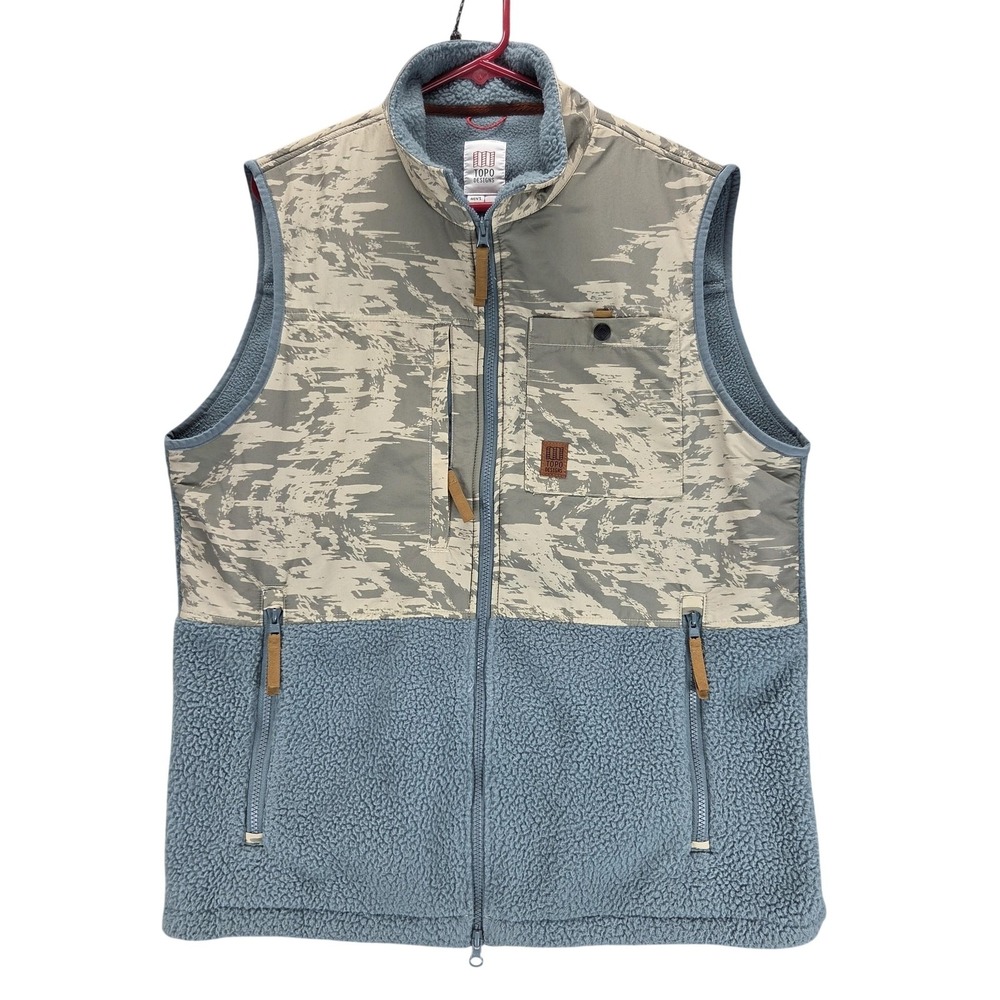 Topo Designs Vest Mens Large Blue Subalpine Camo Fleece Full Zip Pockets Outdoor